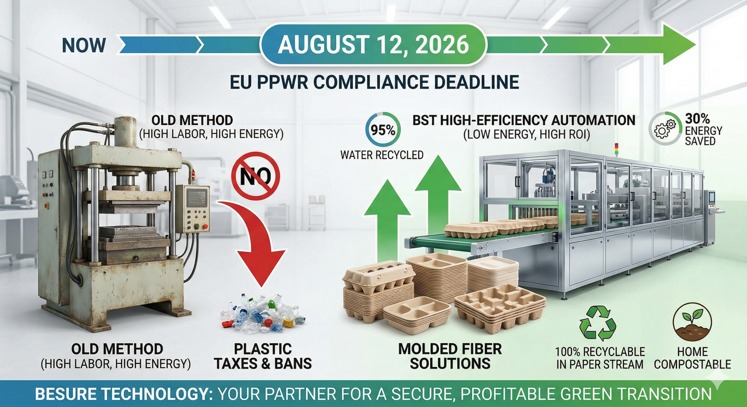 BeSure Technology automated pulp molding machine for EU PPWR 2026 compliance, showing energy savings and water recycling