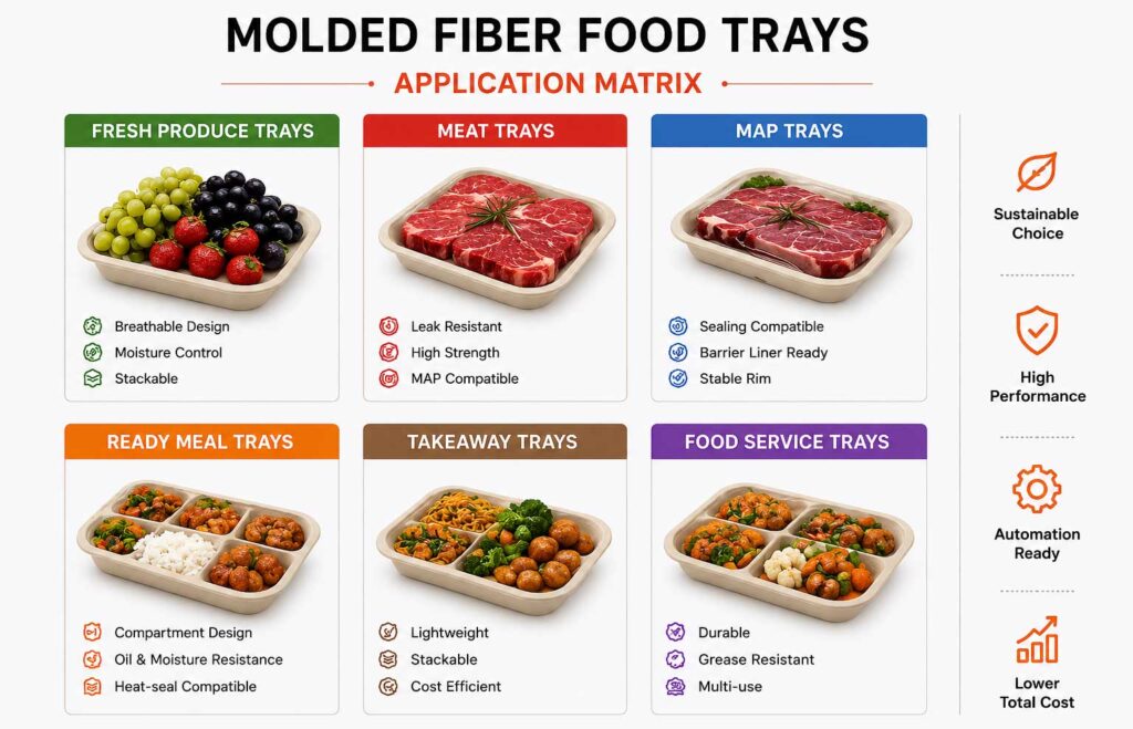 Molded fiber food trays application matrix for fresh produce, meat, MAP, ready meals and takeaway packaging